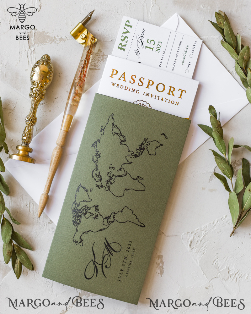 White Gold Passport Wedding Invitation, Golden Plane Wedding Cards  Boarding Pass,  Olive green Travel Passport Wedding Invitations  Abroad, Destination Wedding Invites-13