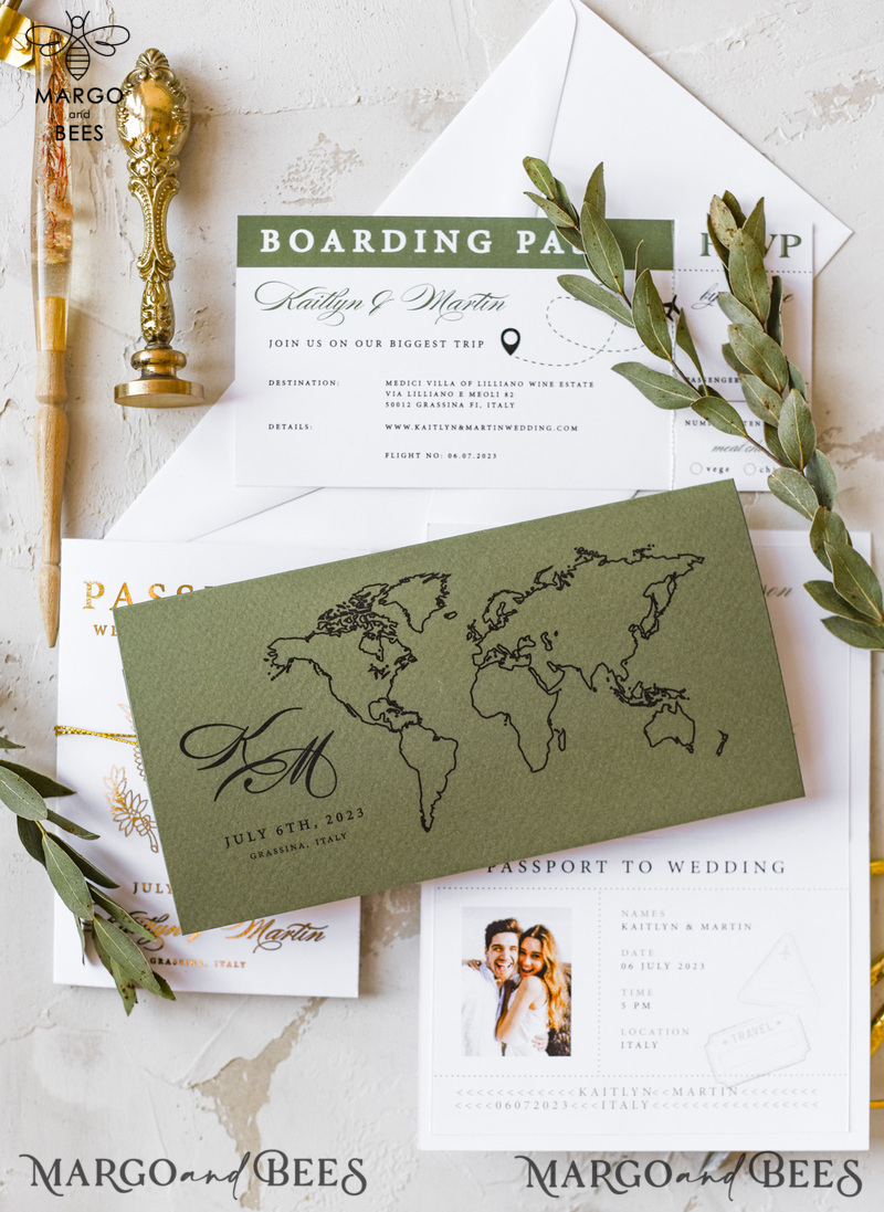 White Gold Passport Wedding Invitation, Golden Plane Wedding Cards  Boarding Pass,  Olive green Travel Passport Wedding Invitations  Abroad, Destination Wedding Invites-15