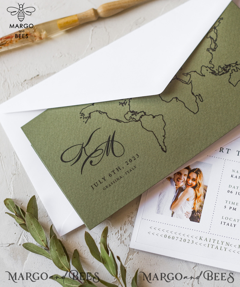 White Gold Passport Wedding Invitation, Golden Plane Wedding Cards  Boarding Pass,  Olive green Travel Passport Wedding Invitations  Abroad, Destination Wedding Invites-16