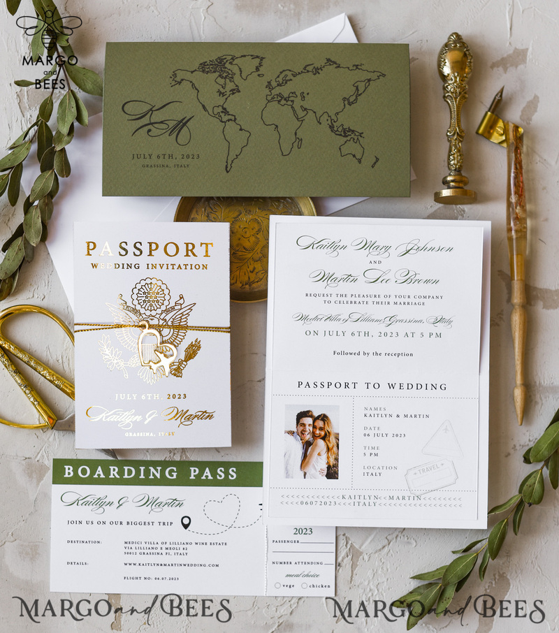 White Gold Passport Wedding Invitation, Golden Plane Wedding Cards  Boarding Pass,  Olive green Travel Passport Wedding Invitations  Abroad, Destination Wedding Invites-0
