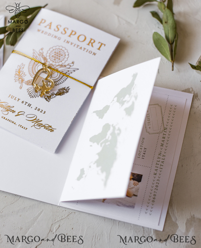White Gold Passport Wedding Invitation, Golden Plane Wedding Cards  Boarding Pass,  Olive green Travel Passport Wedding Invitations  Abroad, Destination Wedding Invites-20