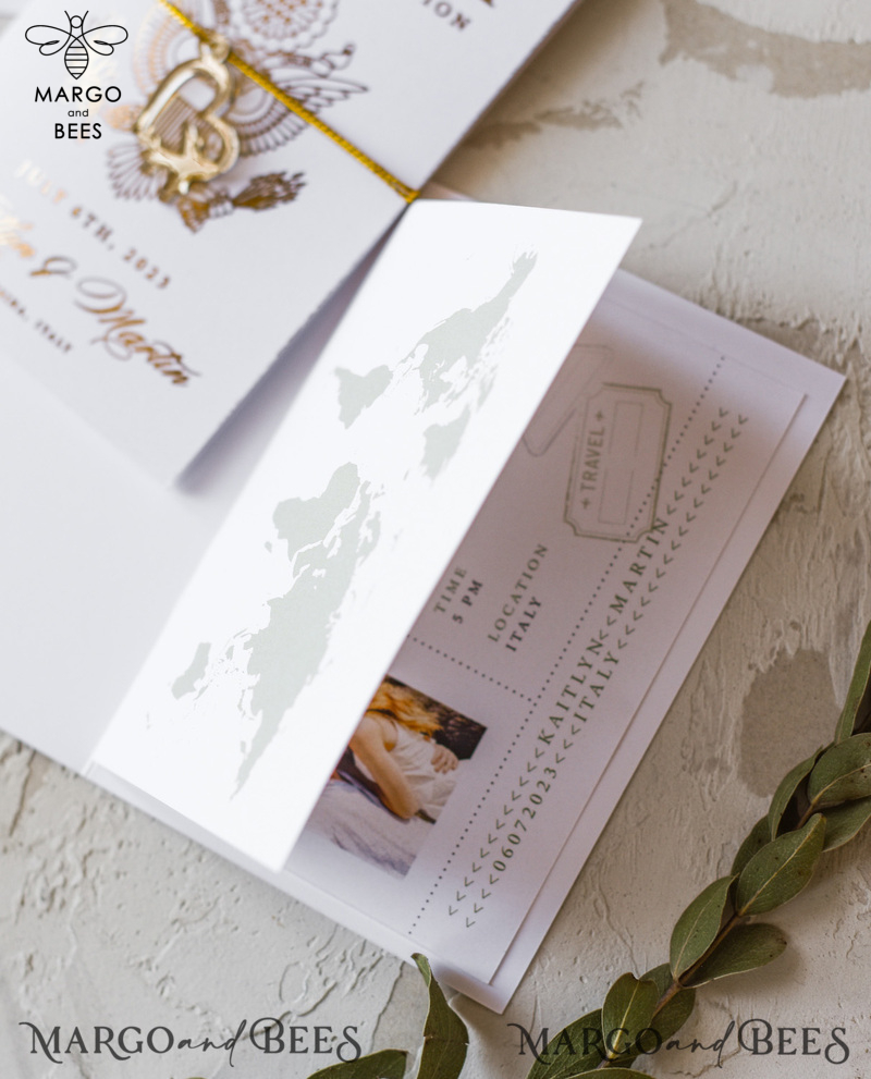 White Gold Passport Wedding Invitation, Golden Plane Wedding Cards  Boarding Pass,  Olive green Travel Passport Wedding Invitations  Abroad, Destination Wedding Invites-7