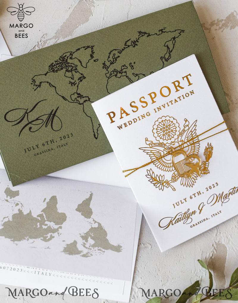 White Gold Passport Wedding Invitation, Golden Plane Wedding Cards  Boarding Pass,  Olive green Travel Passport Wedding Invitations  Abroad, Destination Wedding Invites-19