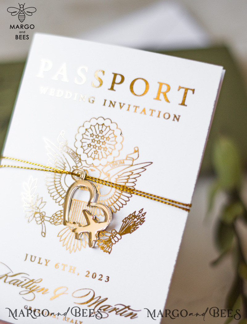 White Gold Passport Wedding Invitation, Golden Plane Wedding Cards  Boarding Pass,  Olive green Travel Passport Wedding Invitations  Abroad, Destination Wedding Invites-10