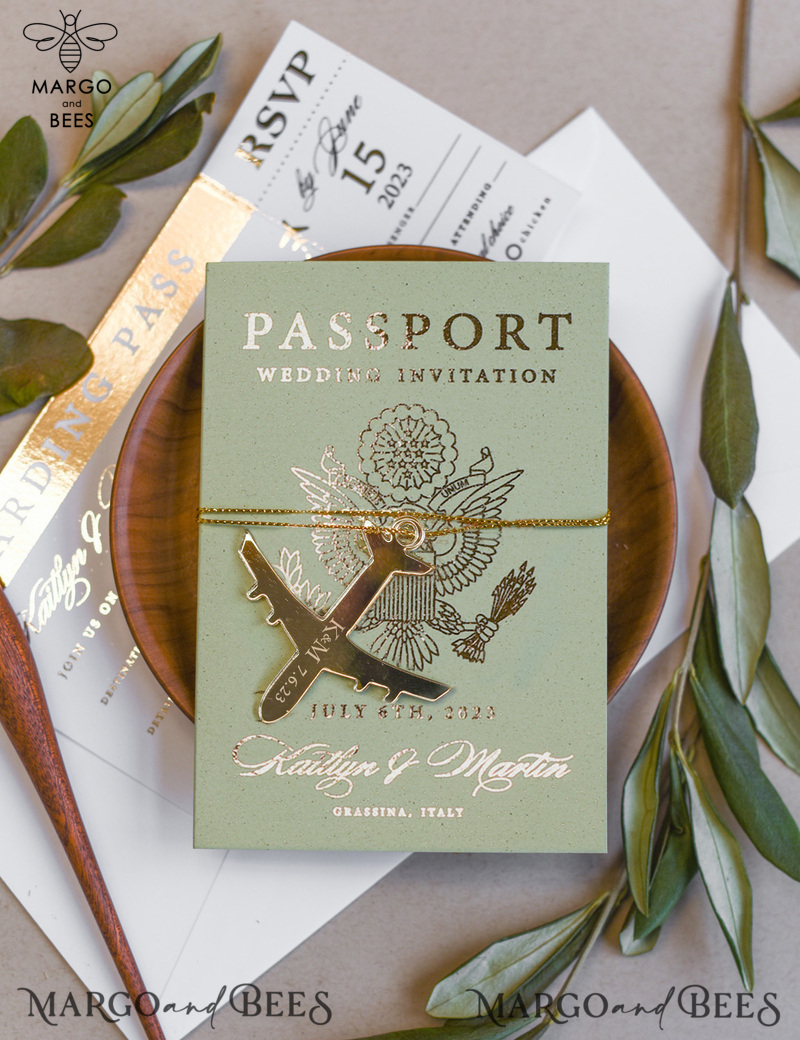 Sage Green Tusacny Passport Wedding Invitation, Gold Greece Wedding Cards Boarding Pass, Passport Wedding Invitations  Abroad, Greenery Destination Wedding Invites, Travel Map Wedding Stationary-5