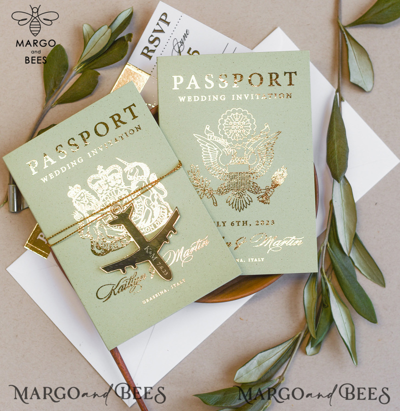 Sage Green Tusacny Passport Wedding Invitation, Gold Greece Wedding Cards Boarding Pass, Passport Wedding Invitations  Abroad, Greenery Destination Wedding Invites, Travel Map Wedding Stationary-7