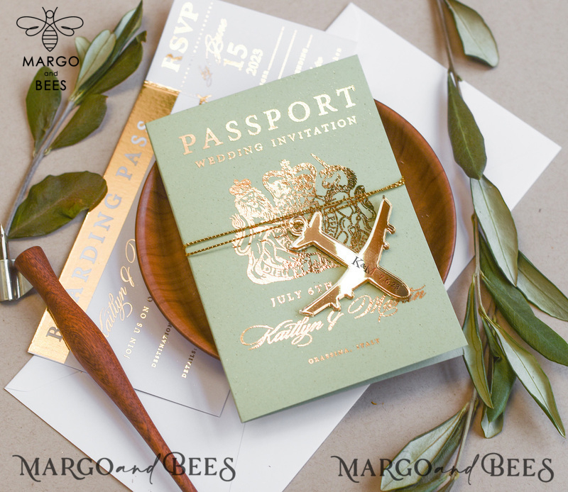 Sage Green Tuscany  Passport Wedding Invitation, Golden Plane Wedding Cards  Boarding Pass, Greece Passport Wedding Invitations  Abroad, Destination Wedding Invites, Travel Map Wedding Stationary-11