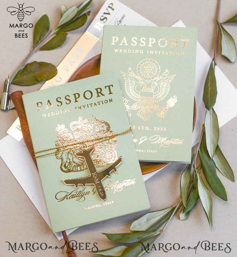 Sage Green Tuscany  Passport Wedding Invitation, Golden Plane Wedding Cards  Boarding Pass, Greece Passport Wedding Invitations  Abroad, Destination Wedding Invites, Travel Map Wedding Stationary-12