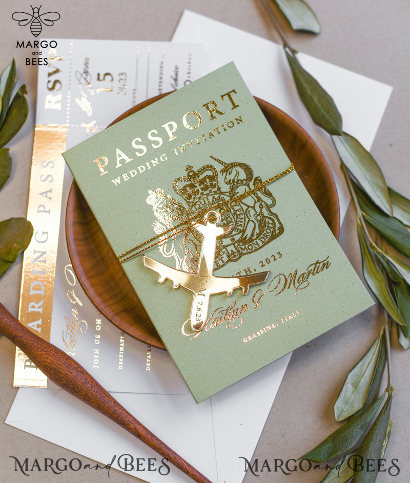 Sage Green Tuscany  Passport Wedding Invitation, Golden Plane Wedding Cards  Boarding Pass, Greece Passport Wedding Invitations  Abroad, Destination Wedding Invites, Travel Map Wedding Stationary-4