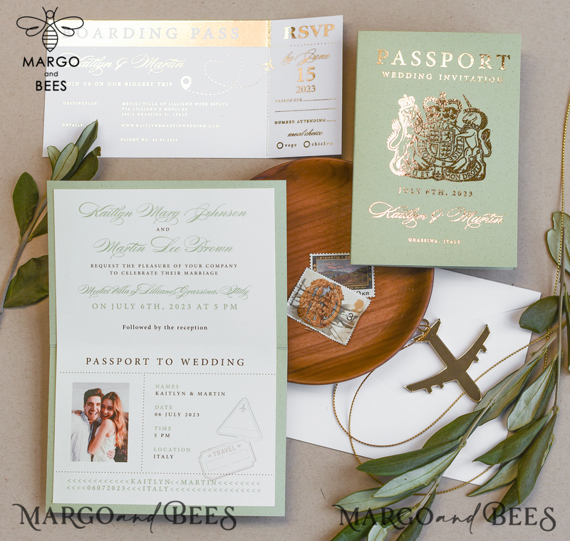 Sage Green Tuscany  Passport Wedding Invitation, Golden Plane Wedding Cards  Boarding Pass, Greece Passport Wedding Invitations  Abroad, Destination Wedding Invites, Travel Map Wedding Stationary-6