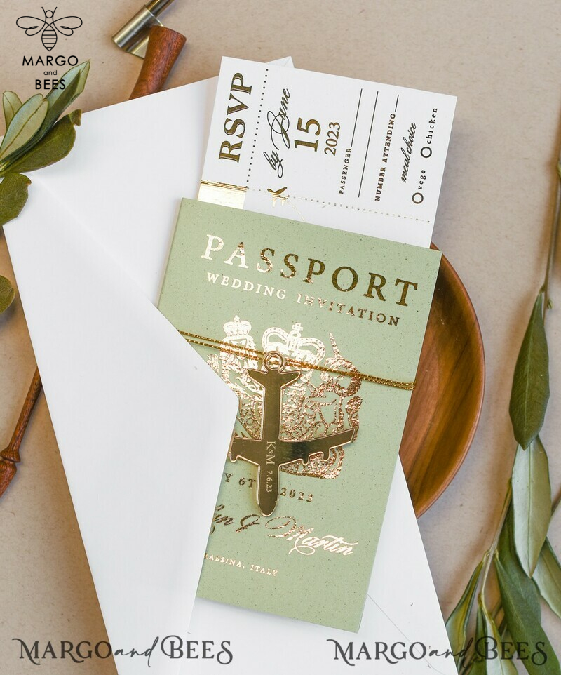 Sage Green Tuscany  Passport Wedding Invitation, Golden Plane Wedding Cards  Boarding Pass, Greece Passport Wedding Invitations  Abroad, Destination Wedding Invites, Travel Map Wedding Stationary-7
