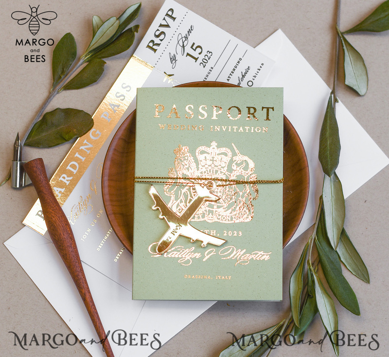 Sage Green Tuscany  Passport Wedding Invitation, Golden Plane Wedding Cards  Boarding Pass, Greece Passport Wedding Invitations  Abroad, Destination Wedding Invites, Travel Map Wedding Stationary-8