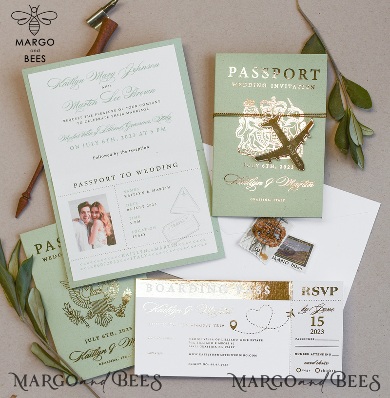 Sage Green Tuscany  Passport Wedding Invitation, Golden Plane Wedding Cards  Boarding Pass, Greece Passport Wedding Invitations  Abroad, Destination Wedding Invites, Travel Map Wedding Stationary-0