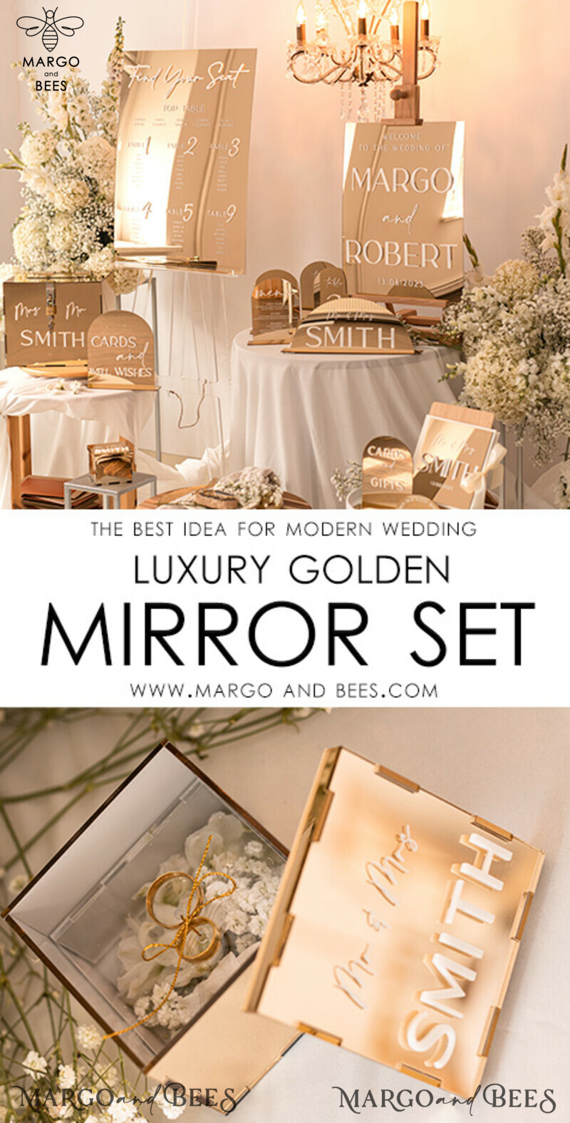 Ring Box for Wedding Ceremony 3 rings, mirror Acrylic Golden Wedding Ring Box for ceremony, Boho Glam Wedding Ring Boxes, Luxury Acrylic Gold Ring box double Custom Colors-6