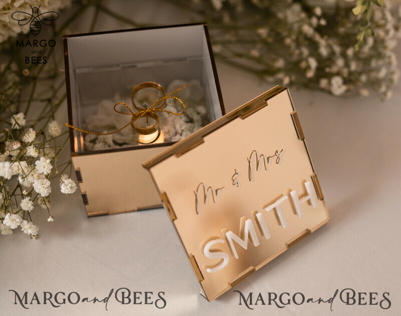 Ring Box for Wedding Ceremony 3 rings, mirror Acrylic Golden Wedding Ring Box for ceremony, Boho Glam Wedding Ring Boxes, Luxury Acrylic Gold Ring box double Custom Colors-2