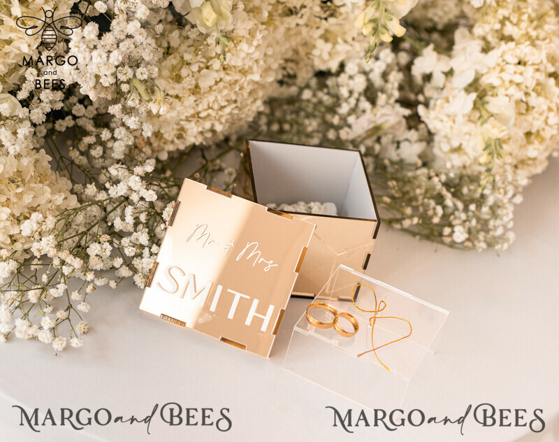 Ring Box for Wedding Ceremony 3 rings, mirror Acrylic Golden Wedding Ring Box for ceremony, Boho Glam Wedding Ring Boxes, Luxury Acrylic Gold Ring box double Custom Colors-13