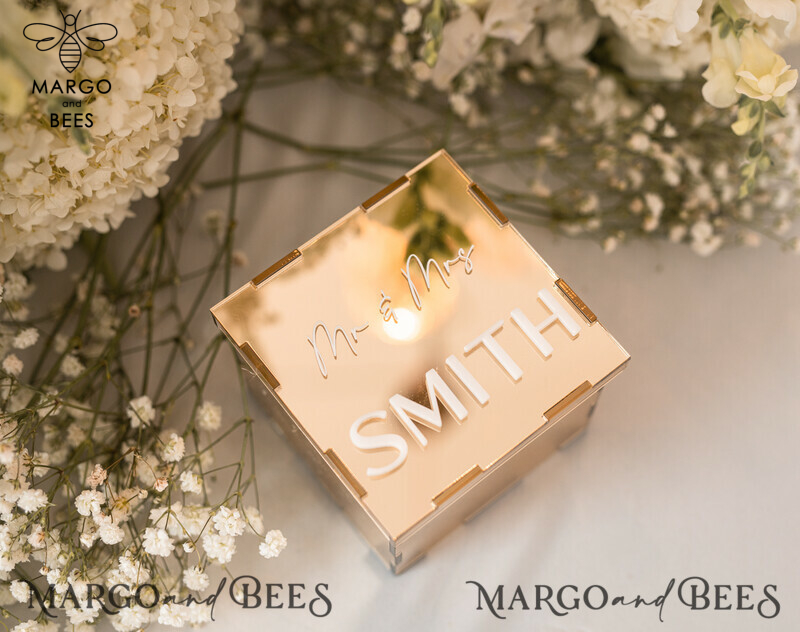 Ring Box for Wedding Ceremony 3 rings, mirror Acrylic Golden Wedding Ring Box for ceremony, Boho Glam Wedding Ring Boxes, Luxury Acrylic Gold Ring box double Custom Colors-7