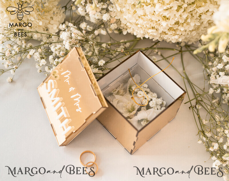 Ring Box for Wedding Ceremony 3 rings, mirror Acrylic Golden Wedding Ring Box for ceremony, Boho Glam Wedding Ring Boxes, Luxury Acrylic Gold Ring box double Custom Colors-11