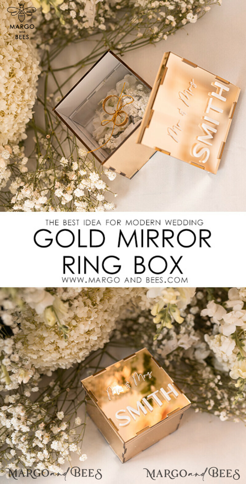 Ring Box for Wedding Ceremony 3 rings, mirror Acrylic Golden Wedding Ring Box for ceremony, Boho Glam Wedding Ring Boxes, Luxury Acrylic Gold Ring box double Custom Colors-3