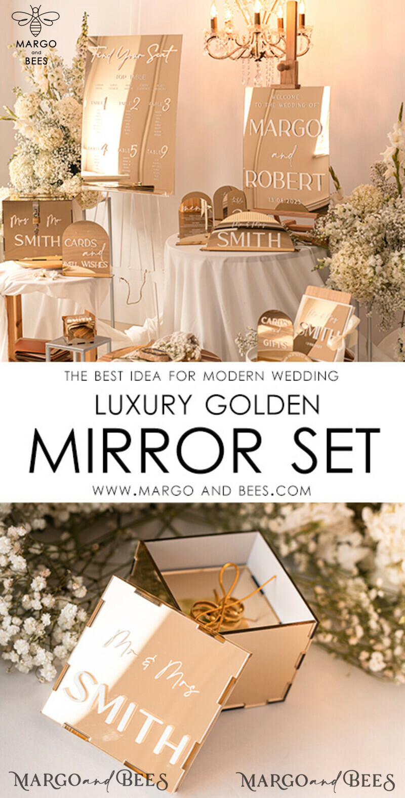 Ring Box for Wedding Ceremony 3 rings, mirror Acrylic Golden Wedding Ring Box for ceremony, Boho Glam Wedding Ring Boxes, Luxury Acrylic Gold Ring box double Custom Colors-6