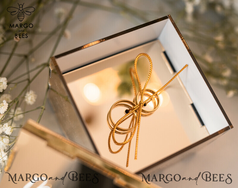 Ring Box for Wedding Ceremony 3 rings, mirror Acrylic Golden Wedding Ring Box for ceremony, Boho Glam Wedding Ring Boxes, Luxury Acrylic Gold Ring box double Custom Colors-5