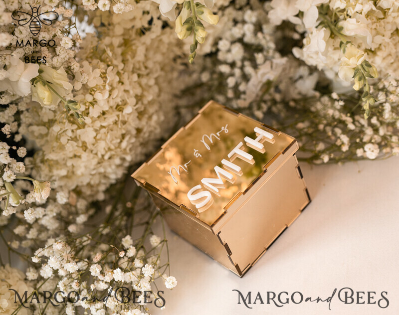 Ring Box for Wedding Ceremony 3 rings, mirror Acrylic Golden Wedding Ring Box for ceremony, Boho Glam Wedding Ring Boxes, Luxury Acrylic Gold Ring box double Custom Colors-10