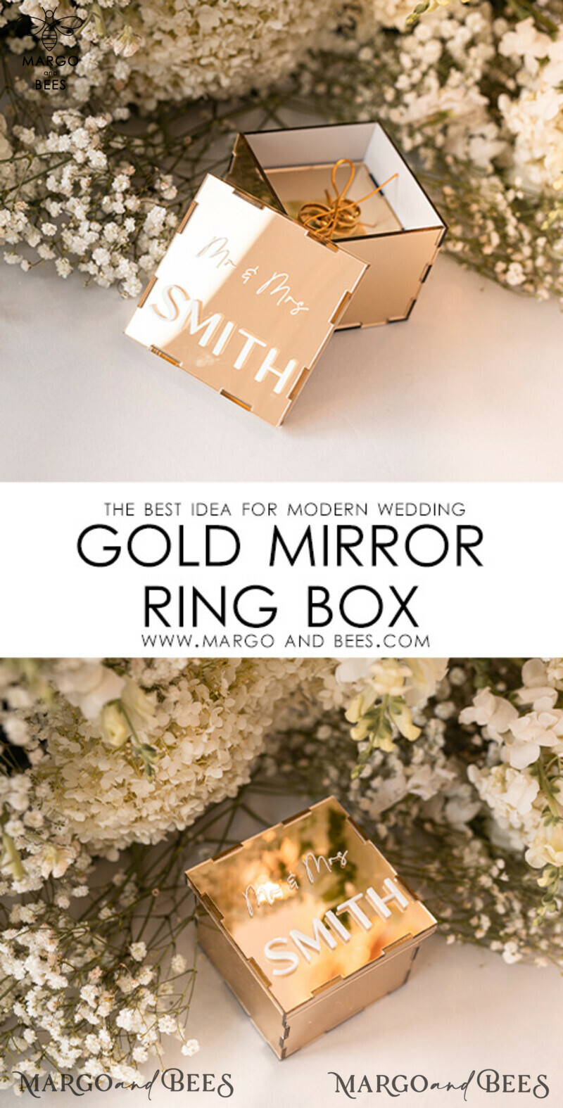 Luxury Acrylic Gold Ring Box: Boho Glam Wedding Ring Boxes for Ceremony with Mirror Acrylic and Custom Colors - Perfect for 3 Rings-3