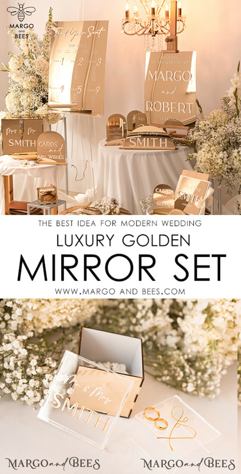 Luxury Acrylic Gold Ring Box: Custom Colors for Boho Glam Wedding Ceremony with Mirror, Perfect for 3 Rings-5