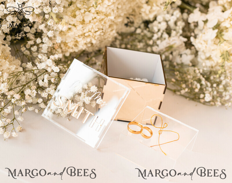 Ring Box for Wedding Ceremony 3 rings, mirror Acrylic Golden Wedding Ring Box for ceremony, Boho Glam Wedding Ring Boxes, Luxury Acrylic Gold Ring box double Custom Colors-1