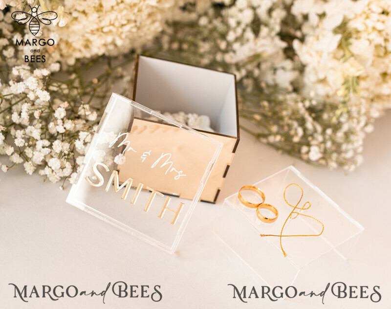 Ring Box for Wedding Ceremony 3 rings, mirror Acrylic Golden Wedding Ring Box for ceremony, Boho Glam Wedding Ring Boxes, Luxury Acrylic Gold Ring box double Custom Colors-0