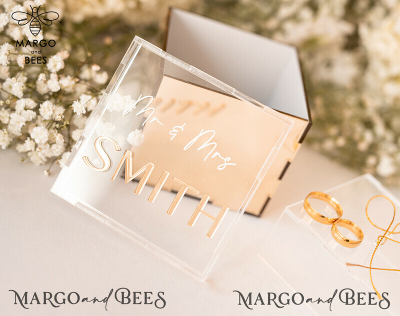 Luxury Acrylic Gold Ring Box: Custom Colors for Boho Glam Wedding Ceremony with Mirror, Perfect for 3 Rings-2