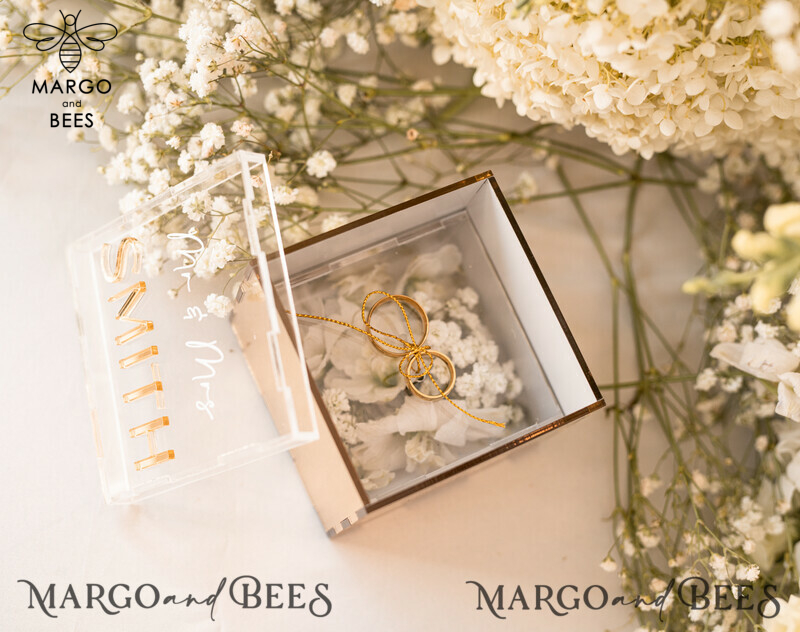 Luxury Acrylic Gold Ring Box: Custom Colors for Boho Glam Wedding Ceremony with Mirror, Perfect for 3 Rings-6