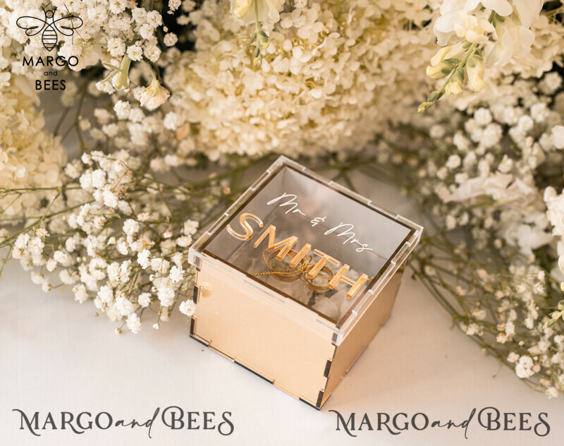 Luxury Acrylic Gold Ring Box: Custom Colors for Boho Glam Wedding Ceremony with Mirror, Perfect for 3 Rings-3
