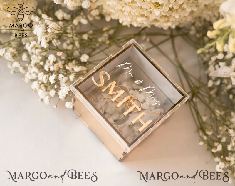 Ring Box for Wedding Ceremony 3 rings, mirror Acrylic Golden Wedding Ring Box for ceremony, Boho Glam Wedding Ring Boxes, Luxury Acrylic Gold Ring box double Custom Colors-8
