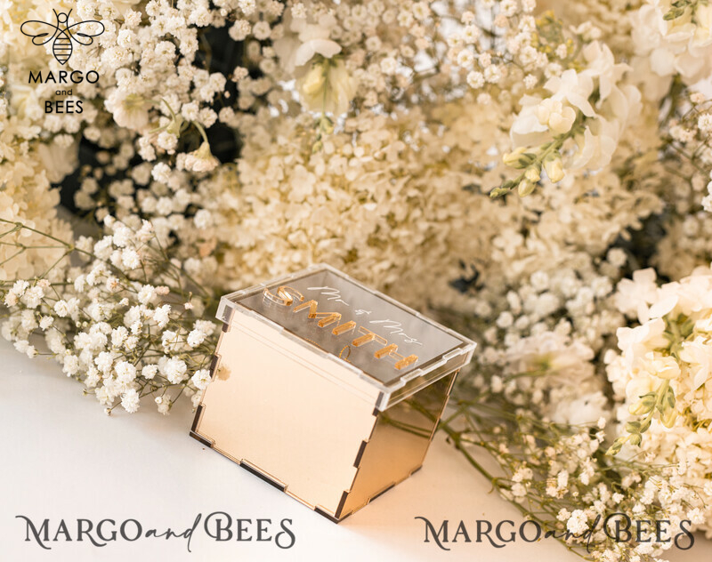 Ring Box for Wedding Ceremony 3 rings, mirror Acrylic Golden Wedding Ring Box for ceremony, Boho Glam Wedding Ring Boxes, Luxury Acrylic Gold Ring box double Custom Colors-9