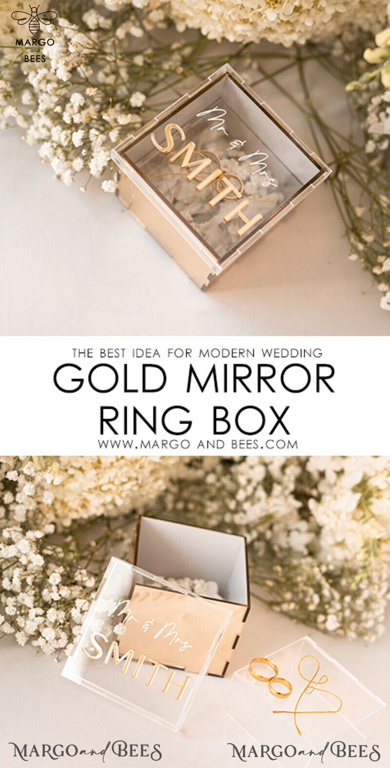 Ring Box for Wedding Ceremony 3 rings, mirror Acrylic Golden Wedding Ring Box for ceremony, Boho Glam Wedding Ring Boxes, Luxury Acrylic Gold Ring box double Custom Colors-4