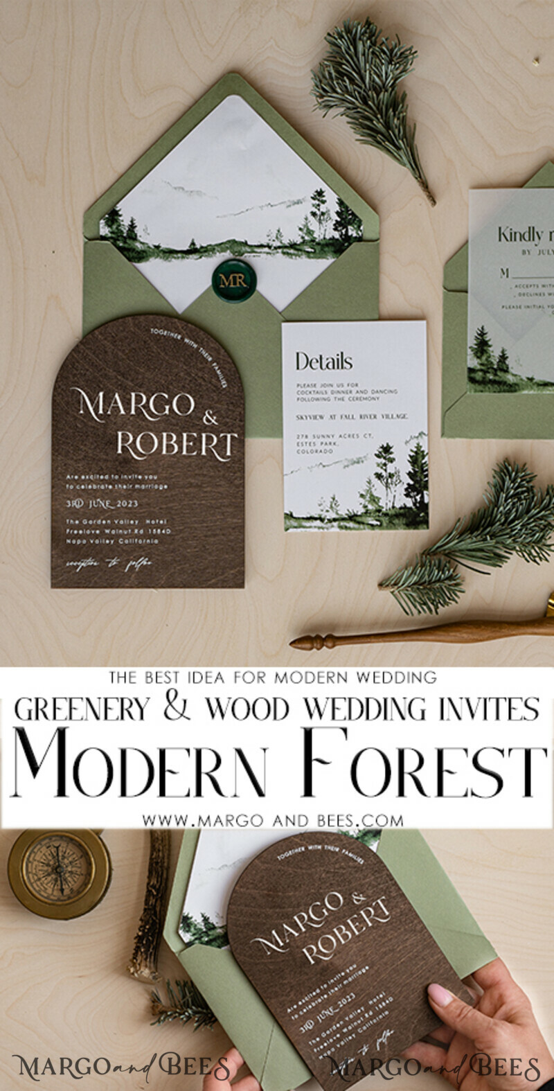 Forest Wood Wedding Invitation Suite, Modern Rustic Wedding Invites, Natural Wooden Invitations Suite Wedding Cards-12