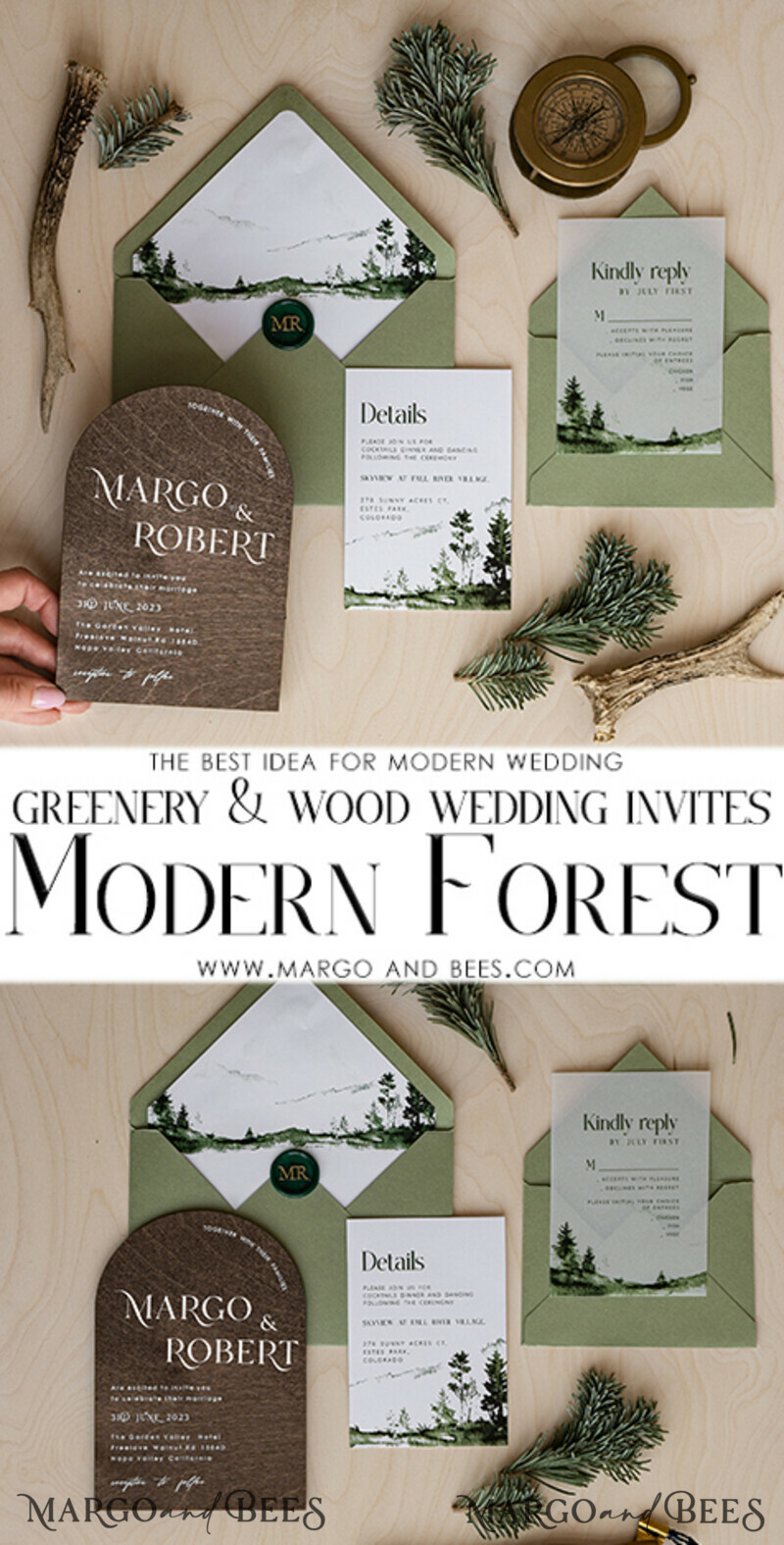 Forest Wood Wedding Invitation Suite, Modern Rustic Wedding Invites, Natural Wooden Invitations Suite Wedding Cards-3