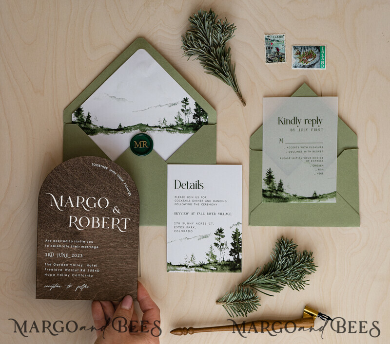 Forest Wood Wedding Invitation Suite, Modern Rustic Wedding Invites, Natural Wooden Invitations Suite Wedding Cards-2