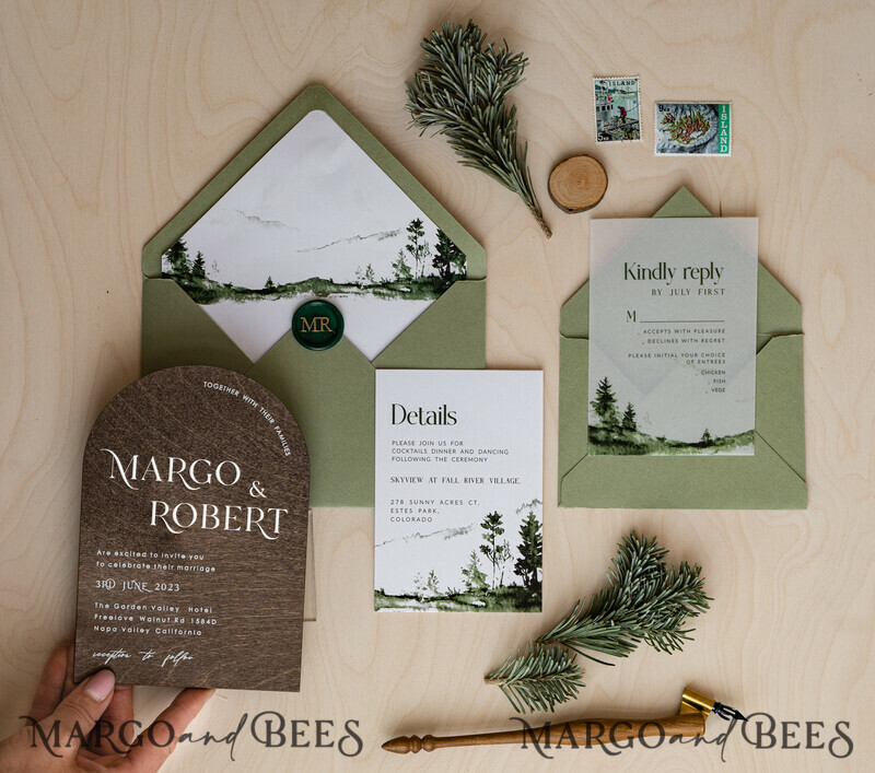 Forest Wood Wedding Invitation Suite, Modern Rustic Wedding Invites, Natural Wooden Invitations Suite Wedding Cards-4