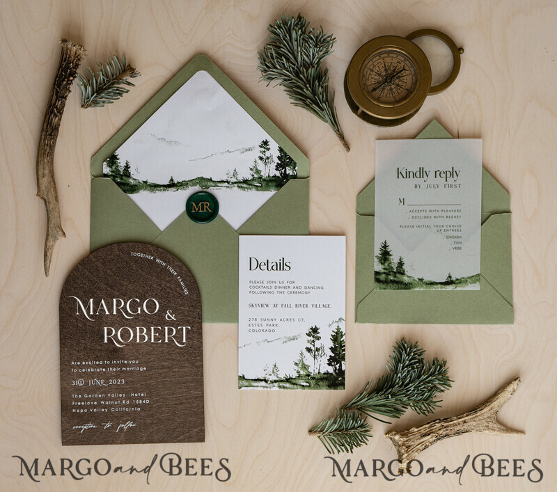 Forest Wood Wedding Invitation Suite, Modern Rustic Wedding Invites, Natural Wooden Invitations Suite Wedding Cards-5