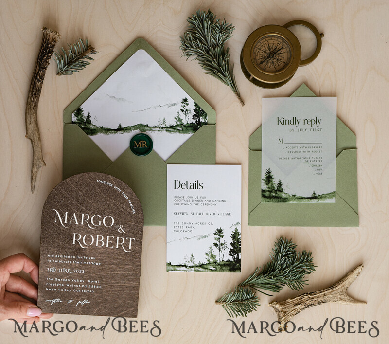 Forest Wood Wedding Invitation Suite, Modern Rustic Wedding Invites, Natural Wooden Invitations Suite Wedding Cards-6