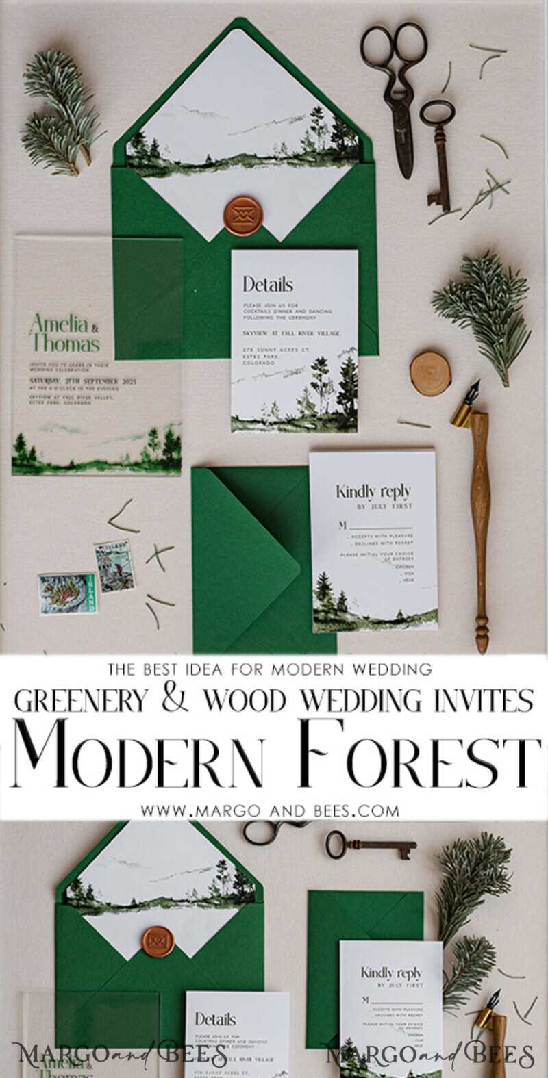 Modern Green Forest Acrylic Wedding Invitations – Clear Plexiglass Suite with Mountain & Pine Tree Design for Nature-Inspired Weddings-6