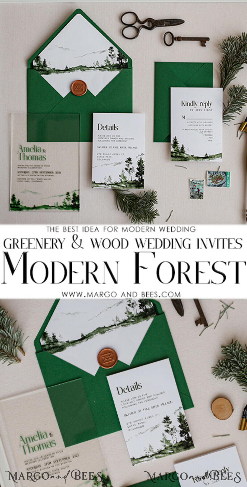 Modern Green Forest Acrylic Wedding Invitations – Clear Plexiglass Suite with Mountain & Pine Tree Design for Nature-Inspired Weddings-3