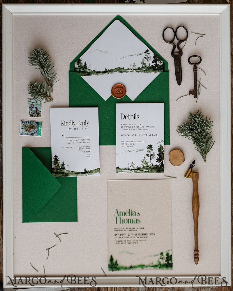 Modern Green Forest Acrylic Wedding Invitations – Clear Plexiglass Suite with Mountain & Pine Tree Design for Nature-Inspired Weddings-1