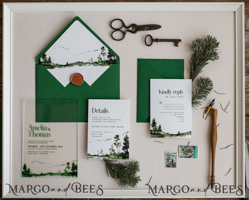 Modern Green Forest Acrylic Wedding Invitations – Clear Plexiglass Suite with Mountain & Pine Tree Design for Nature-Inspired Weddings-2