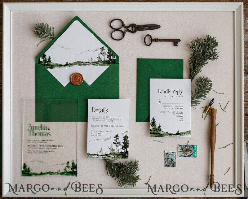 Modern Green Forest Acrylic Wedding Invitations – Clear Plexiglass Suite with Mountain & Pine Tree Design for Nature-Inspired Weddings-4