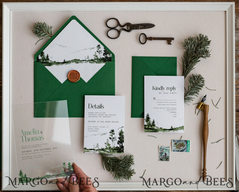 Modern Green Forest Acrylic Wedding Invitations – Clear Plexiglass Suite with Mountain & Pine Tree Design for Nature-Inspired Weddings-5