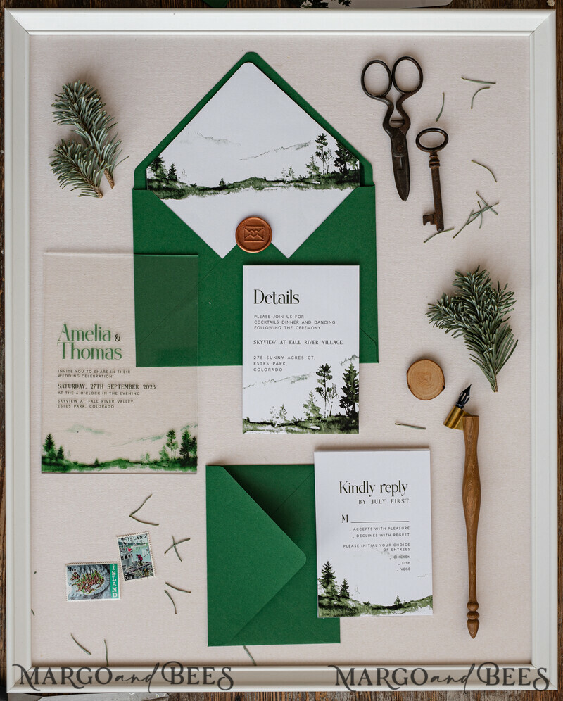 Modern Green Forest Acrylic Wedding Invitations – Clear Plexiglass Suite with Mountain & Pine Tree Design for Nature-Inspired Weddings-7