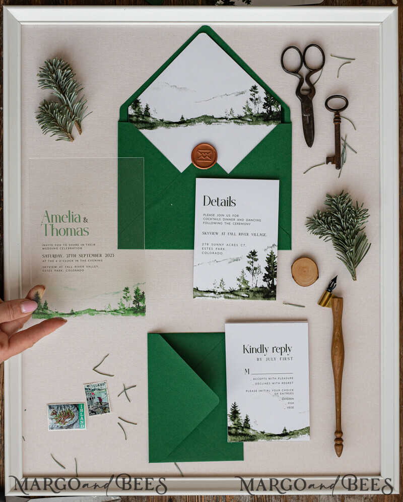 Modern Green Forest Acrylic Wedding Invitations – Clear Plexiglass Suite with Mountain & Pine Tree Design for Nature-Inspired Weddings-8